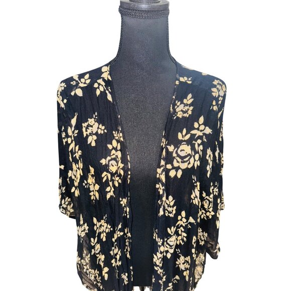 Natural Life Black Gold Boho Casual Floral Kimono Long Cardigan One Size Maxi - Picture 3 of 8